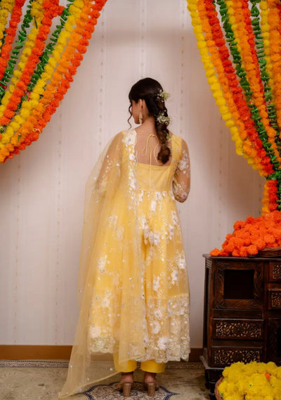 Sunehri Nazakat – Yellow Net Embroidered Anarkali Set