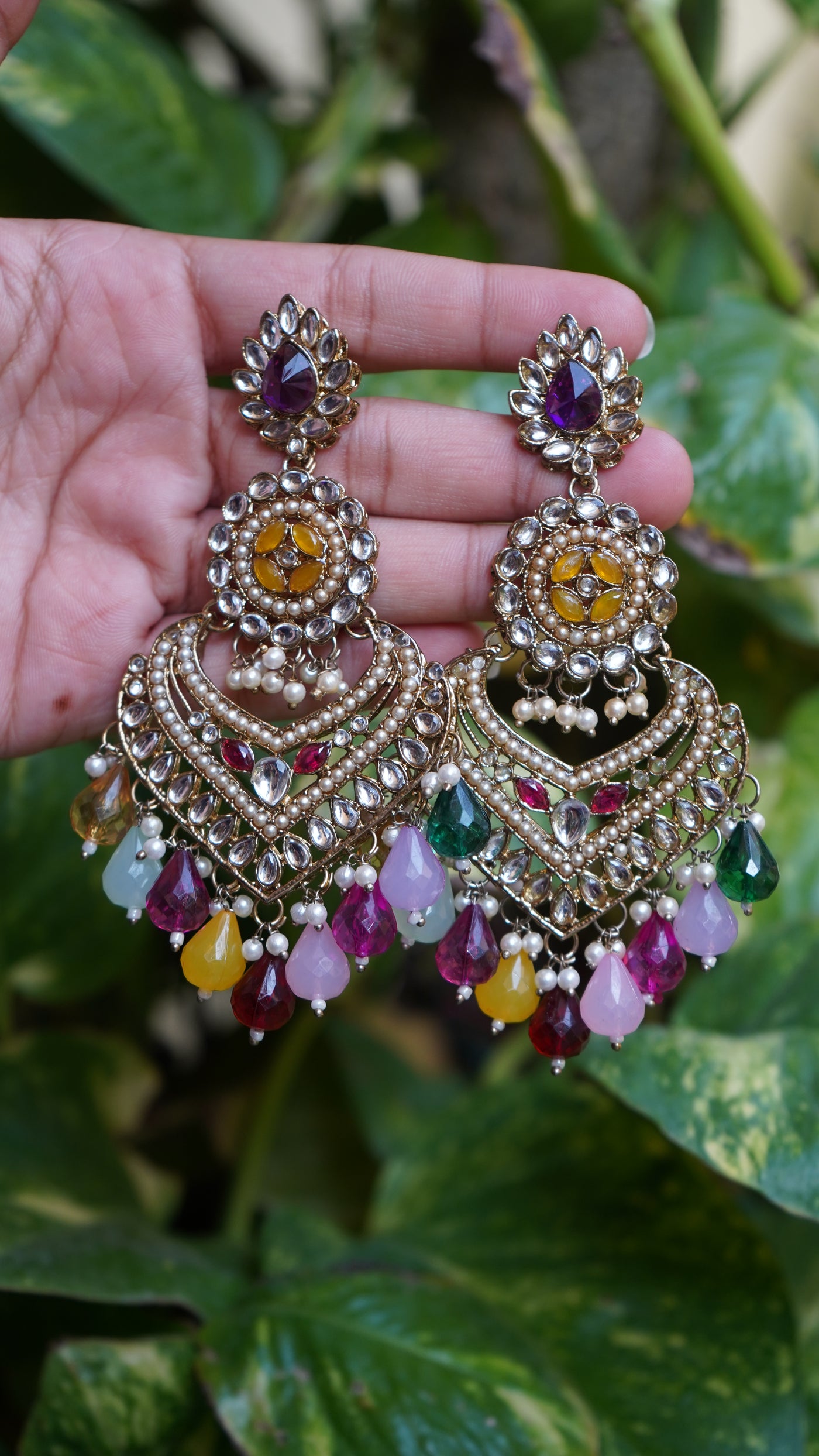 Handcrafted traditional statement earrings with multicolor stones and pearls