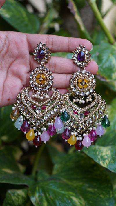 Handcrafted traditional statement earrings with multicolor stones and pearls