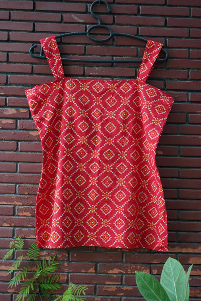Red Bandhani printed corset top with square neckline and lace-up back – stylish ethnic fusion wear for women