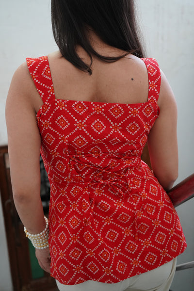 Red Bandhani printed corset top with square neckline and lace-up back – stylish ethnic fusion wear for women